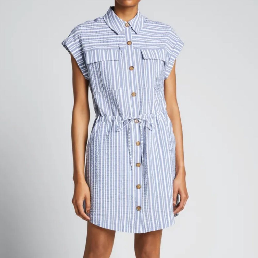 Veronica Beard Cris Striped Shirt Dress In Blue and White Size XL
